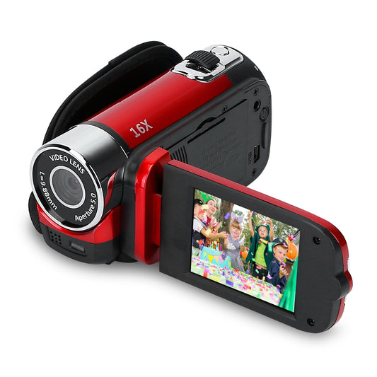 HD 1080P Digital Video Camcorder 2.7in 16X Zoom DV Camera 270° Rotation Rechargeable Kid Camera w/Fill Light Selfie - Red -