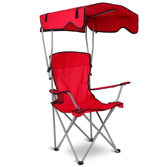 Foldable Beach Canopy Chair Sun Protection Camping Lawn Canopy Chair 330LBS Load Folding Seat w/ Cup Holder For Beach Poolside Travel Picnic - Red -