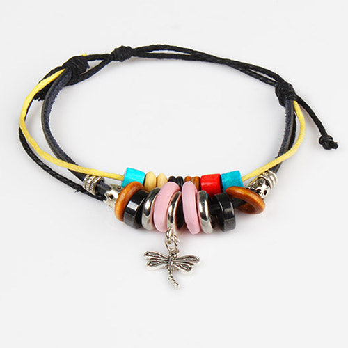 Fashion Dragonfly Pendant Leather Wristband Charm Bracelet - Multi -