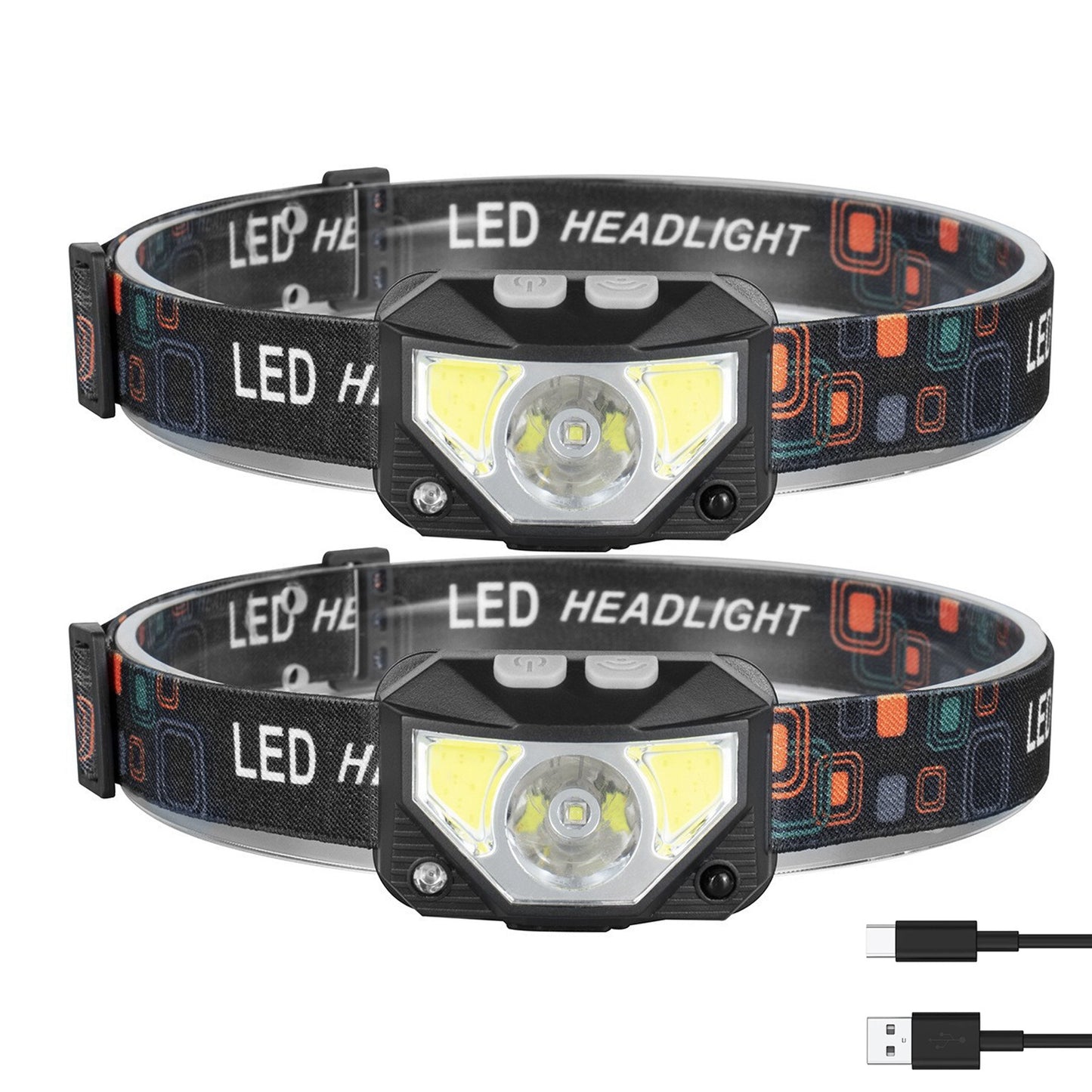 2Packs Rechargeable Motion Sensor Headlamp 6 Light Modes Headlight Torch Flashlight for Fishing Running Camping Hiking - Black -