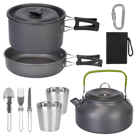 12Pcs Camping Cookware Set Camping Stove Aluminum Pot Pans Kit for Hiking Picnic Outdoor with Cup Fork Spoon Knife - Black -