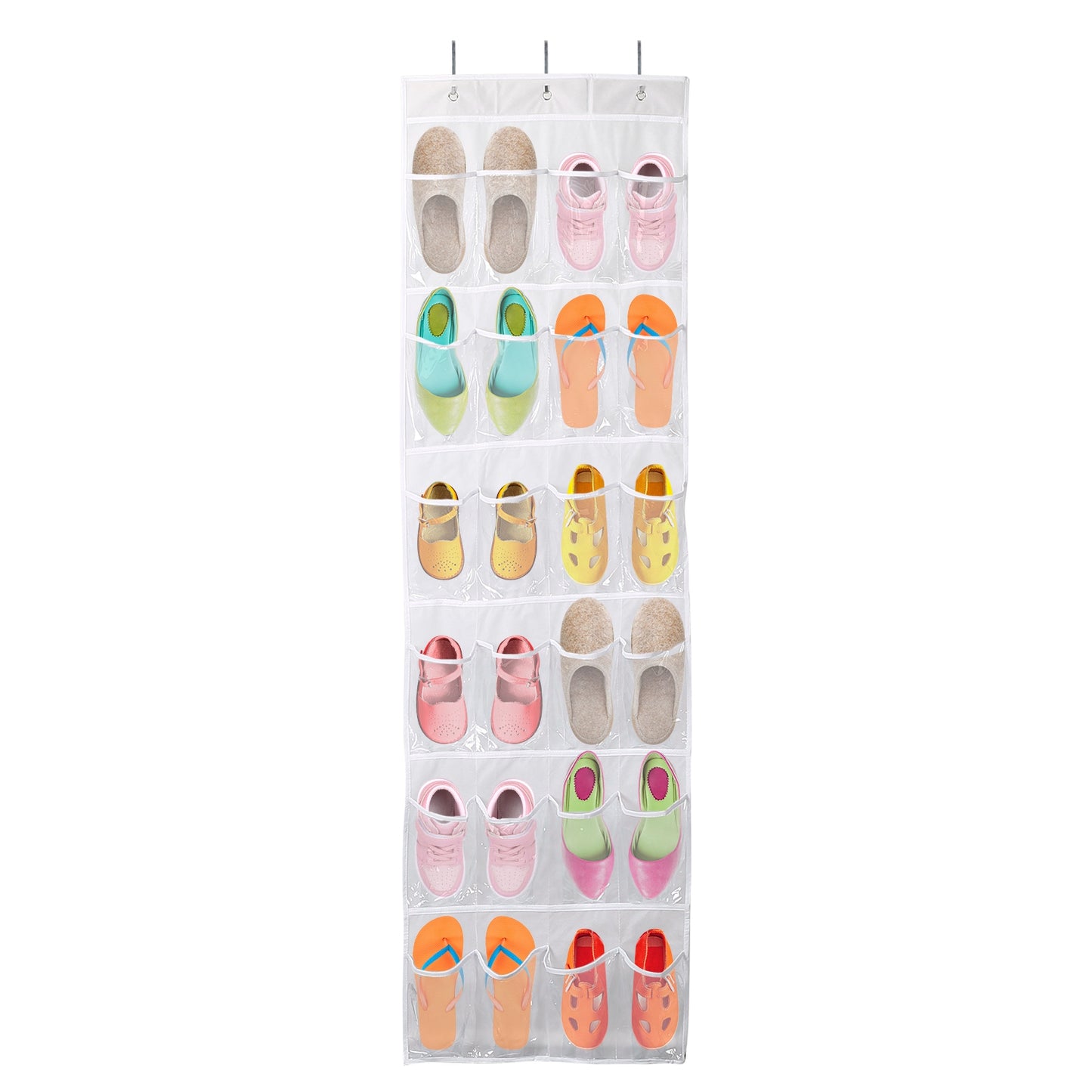 Over the Door Shoes Rack 24-Pocket Crystal Clear Organizer 6-Layer Hanging Storage Shelf for Shoes Slippers Small Toys Closet Cabinet - White -