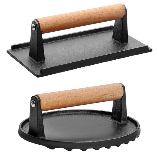 2Pcs Cast Iron Grill Press Pre-Seasoned Steak Weights Smash Burger Press Bacon Meat Smasher with Wood Handle 7in Round & 8.2x4.25in Rectangular Grill  - Black -