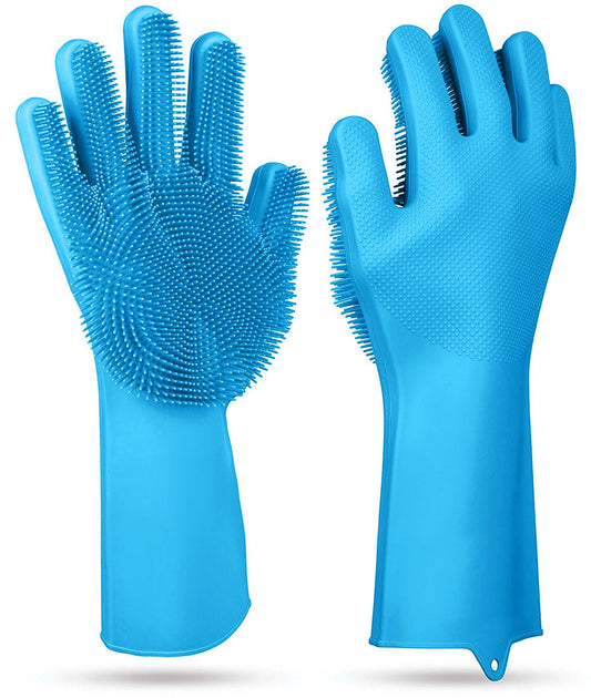 1 Pair Magic Silicone Brush Dishwashing Gloves Cleaning Sponge Pet Scrubber Heat Resistant Wash Gloves - Blue -