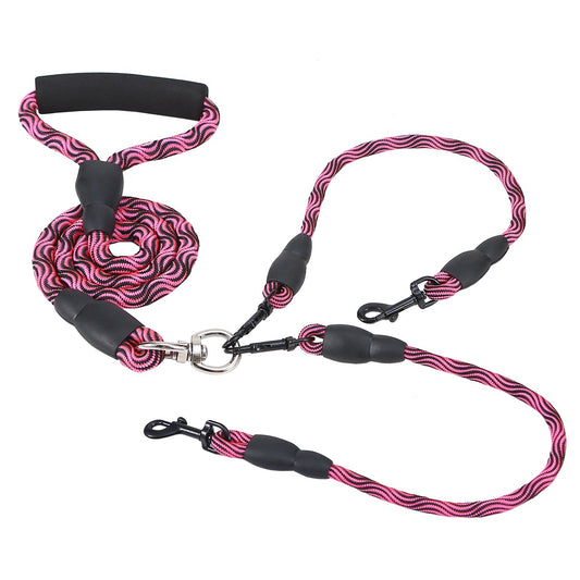 Double Dogs Leash No-Tangle Dogs Lead Reflective Dogs Walking Leash w/ Swivel Coupler Padded Handle - Rose Red -