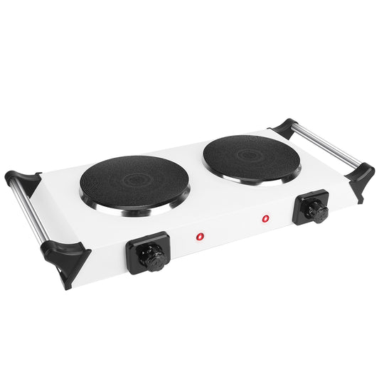 2000W Electric Dual Burner Portable Coil Heating Hot Plate Stove Countertop RV Hotplate with 5 Temperature Adjustments Portable Handles - Silver - Double