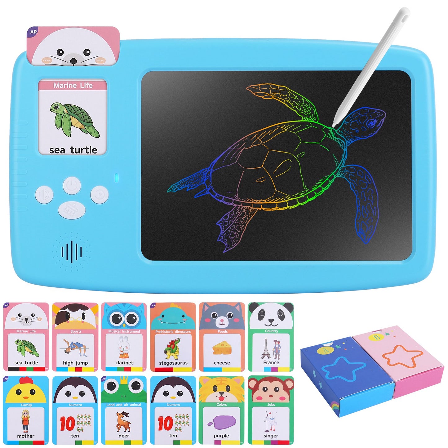 224 Words Toddler Learning Toy Talking Flash Cards with LCD Writing Tablet Preschool Educational Reading Drawing Machine Autism Sensory Toy 3+ Years O - Blue -