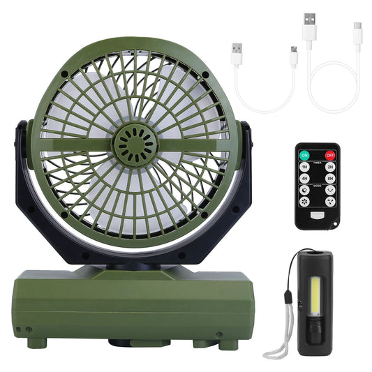 20000mAh Rechargeable Oscillating Camping Fan with Flashlight Hanging Hook Remote Control Portable Fan for Tent Emergency Power Bank Desk Fan with Tim - Green -