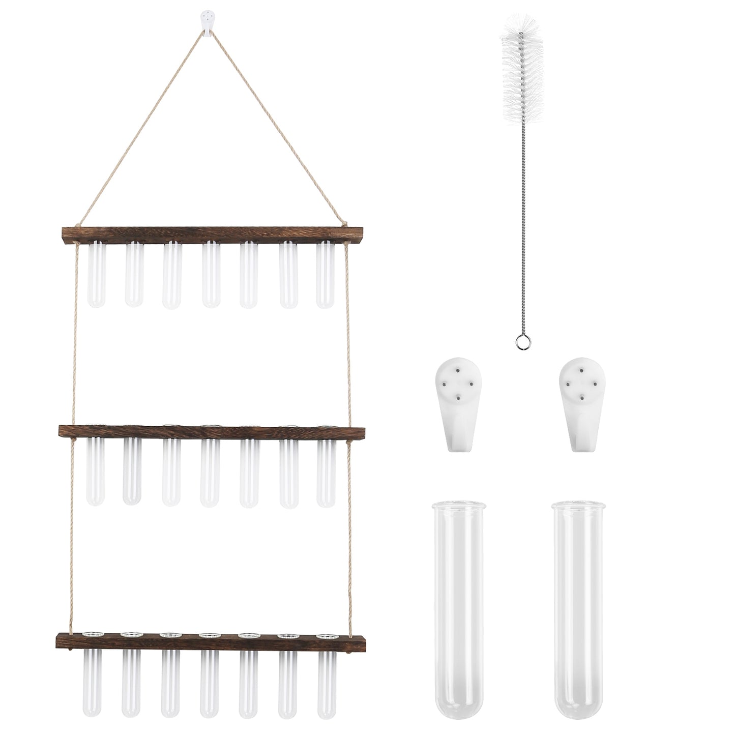 3-Tier Wall Hanging Planter Glass Hydroponic Vase Plant Flower Propagation Tube Planter Terrarium with Wooden Stand