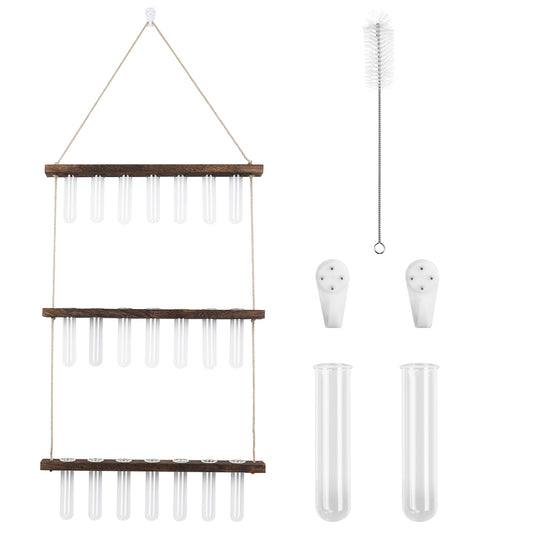 3-Tier Wall Hanging Planter Glass Hydroponic Vase Plant Flower Propagation Tube Planter Terrarium with Wooden Stand