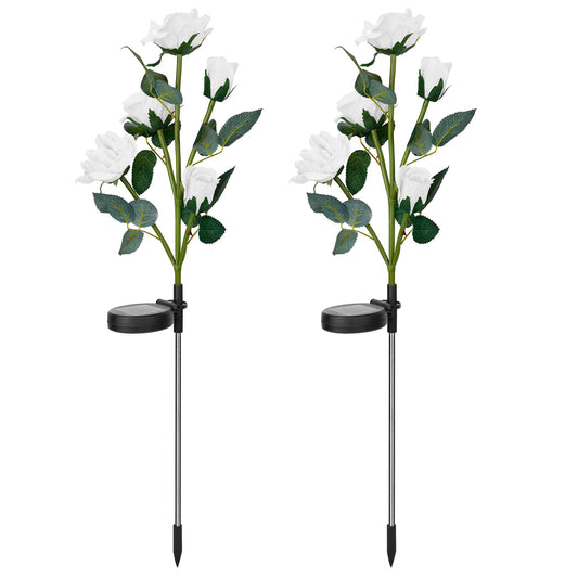 2Pcs Solar Powered Lights Outdoor Rose Flower LED Decorative Lamp Water Resistant Pathway Stake Lights For Garden Patio Yard Walkway - White -