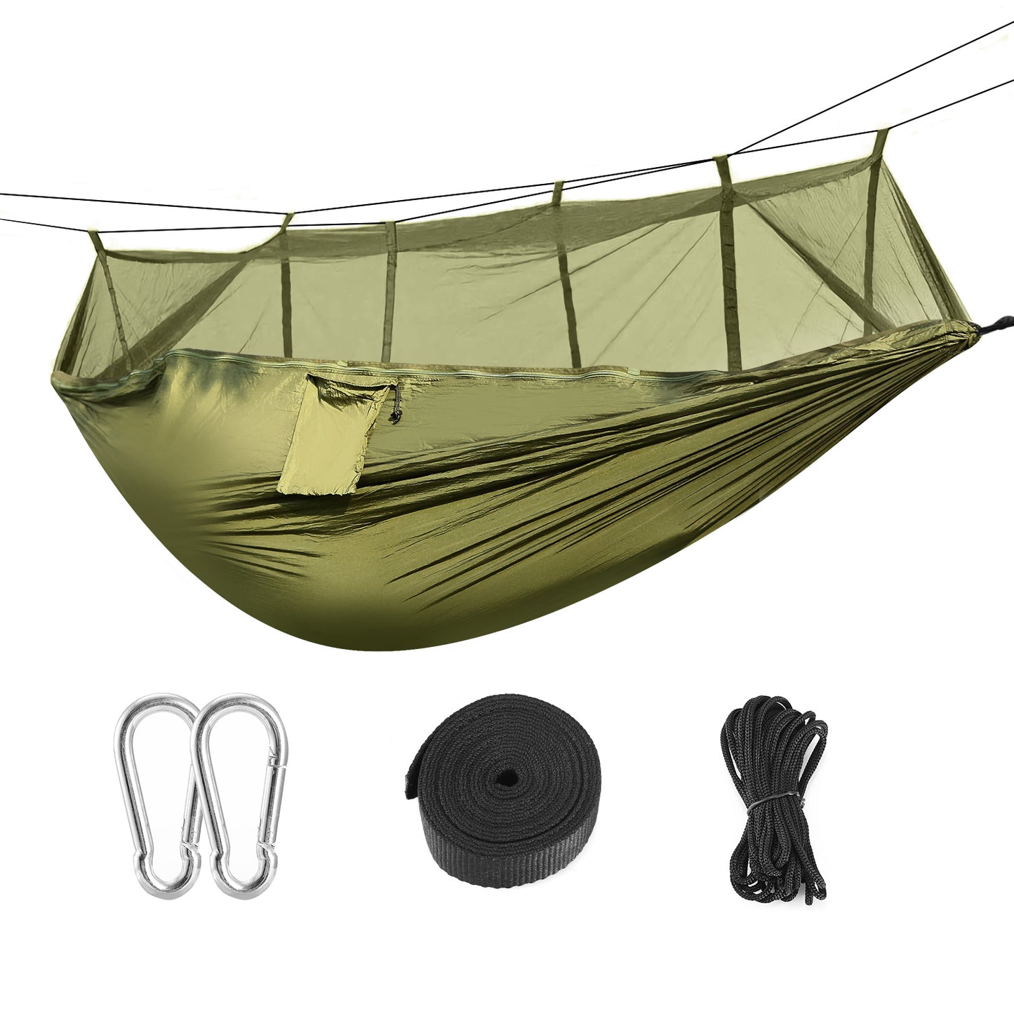 600lbs Load 2 Persons Hammock w/Mosquito Net Outdoor Hiking Camping Hommock Portable Nylon Swing Hanging Bed w/ Strap Hook Carry Bag - Green -