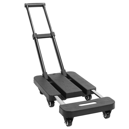 Folding Hand Truck Collapsible 165LBS Heavy Duty Luggage Cart Foldable Utility Dolly Platform Cart with 3-Length Telescopic Handle 6 Wheels 1 Elastic  - Black -