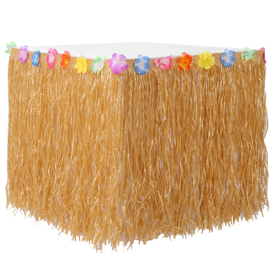 Grass Table Skirt Hawaiian Luau Party Decorations Supplies w/Hibiscus for Buffet BBQ Tiki Bar Beach Birthday Party Use -  - 1M