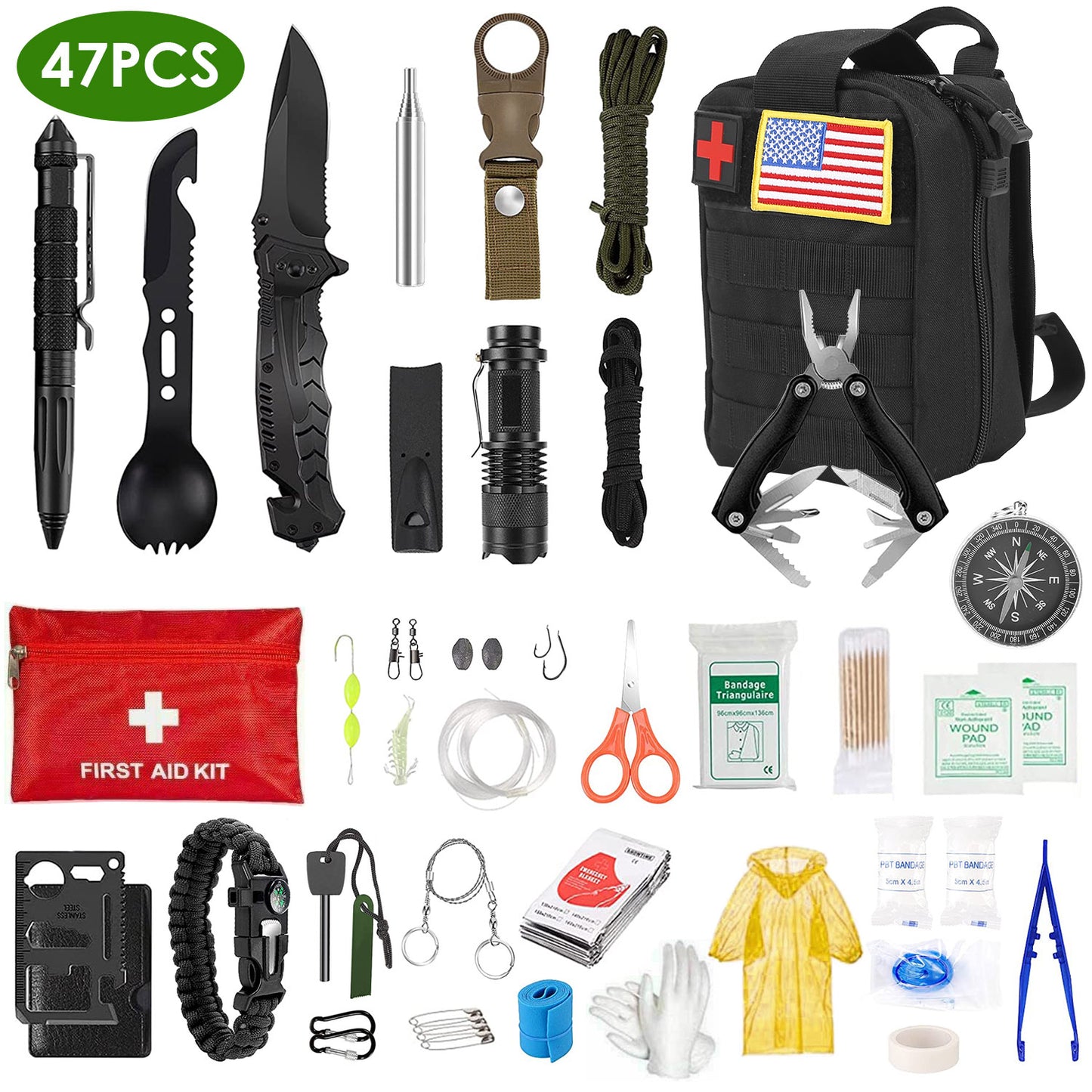 47Pcs Emergency Survival Kit Survival EDC Gear Equipment Tool First Aid Supplies Kit Tools with Pouch for Hiking Hunting Disaster Camping Adventure - Multi -