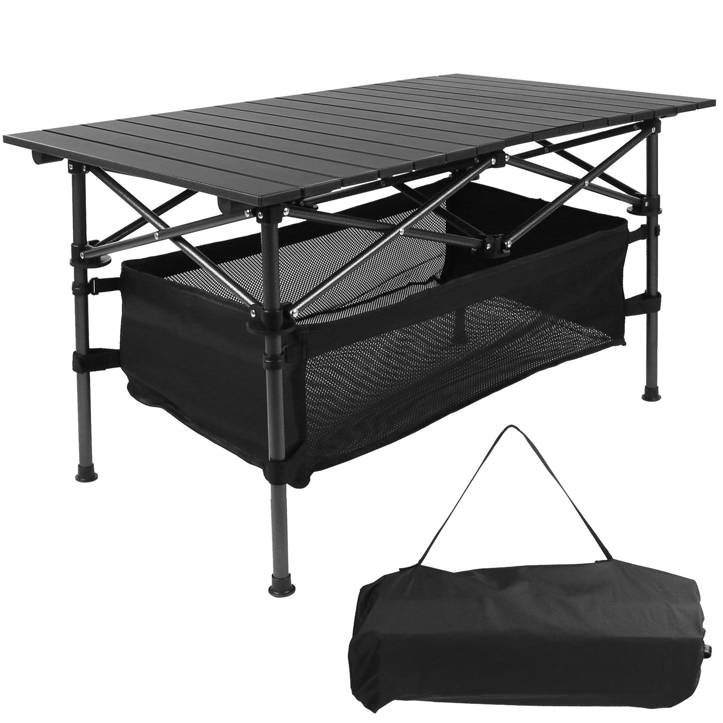 Folding Camping Table Portable Lightweight Aluminum Roll-up Picnic BBQ Desk with Carrying Bag Heavy Duty Outdoor Beach Backyard Party Patio - Black -