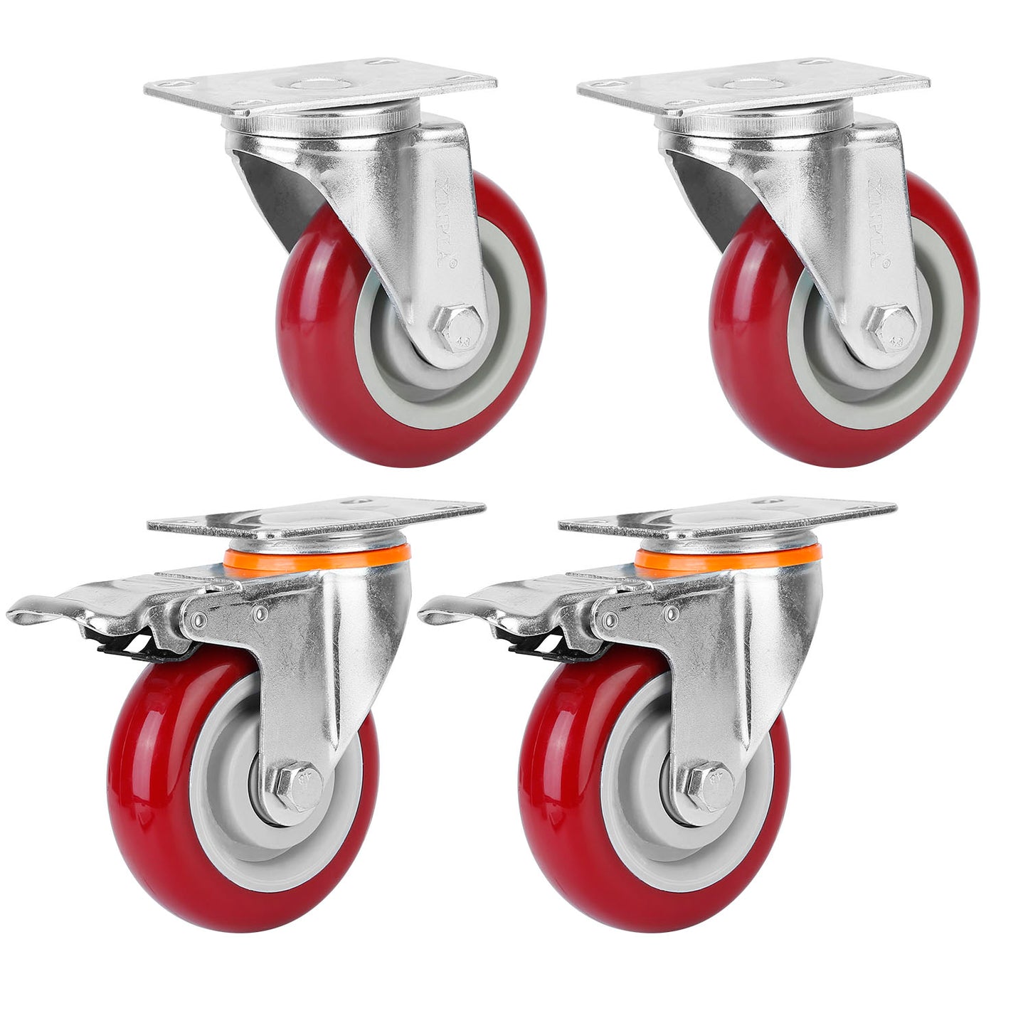 4 Packs 4In Swivel Caster Wheels Lockable Heavy Duty PU Rollers w/ Brake 360 Degree No Noise Swivel Plate -  - 4 inches