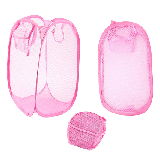 3Pcs Pop-Up Laundry Hampers Foldable Mesh Hamper Clothes Laundry Basket Bins w/ Handles for Storage Kids Room College Dorm Travel Use - Hot Pink -