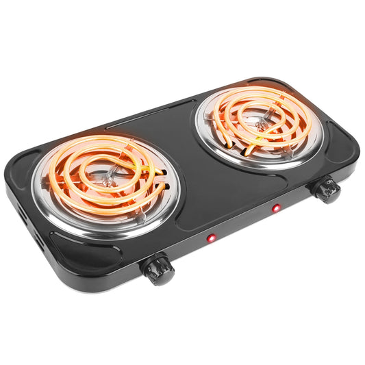 Portable 2000W Double Burner Hot Plate Stove - Non Slip Feet, 5 Temp Adjustments - Black - 2 Burner