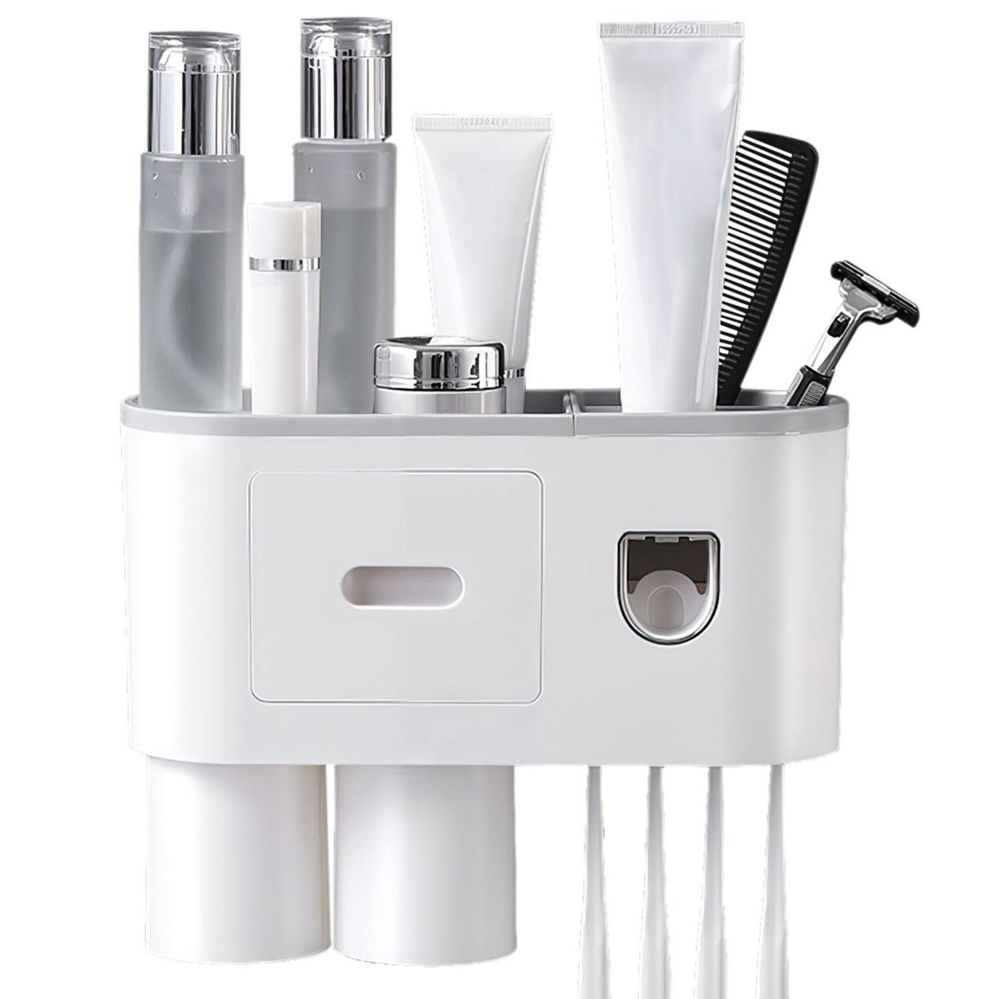 Wall Mount Toothbrush Holder with Automatic Toothpaste Dispenser - 4 Slots, Magnetic Cups - White - 2 Cups