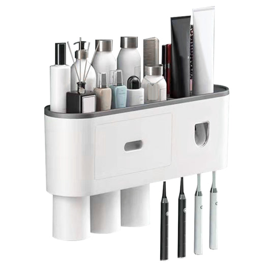 Wall Mount Toothbrush Holder with Automatic Toothpaste Dispenser - 4 Slots, Magnetic Cups - White - 3 Cups