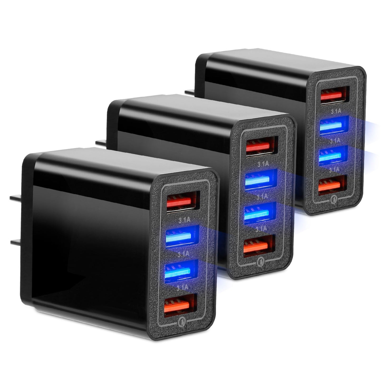 4-Pack USB Wall Charger: Fast Charging Adapter for Samsung Galaxy, iPhone, and More - Black - 4-Port