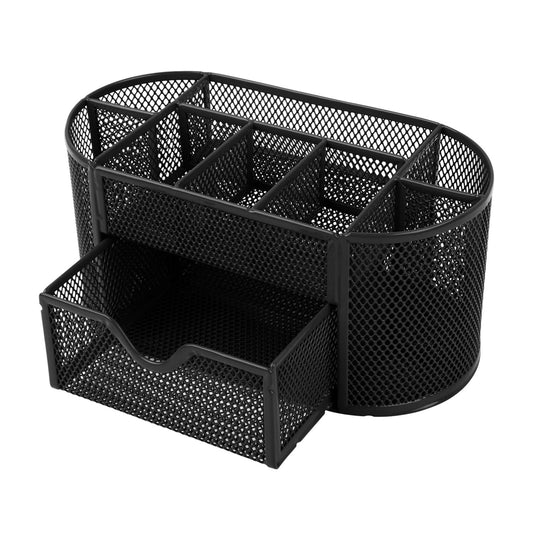 9-Compartment Metal Mesh Pencil Holder Desk Organizer, Pen Storage - Black -