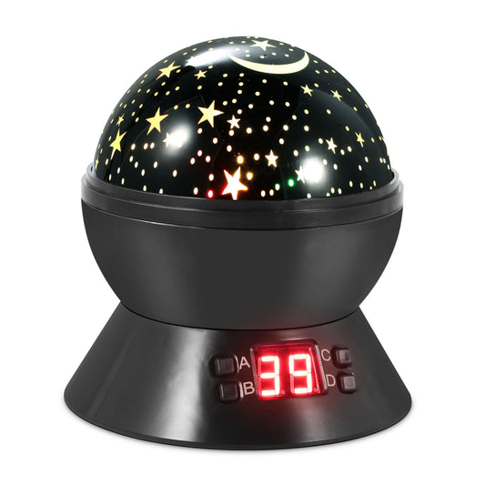 Kids LED Star Moon Night Light - 360° Rotation Timer - Perfect for Children's Bedroom - Black -