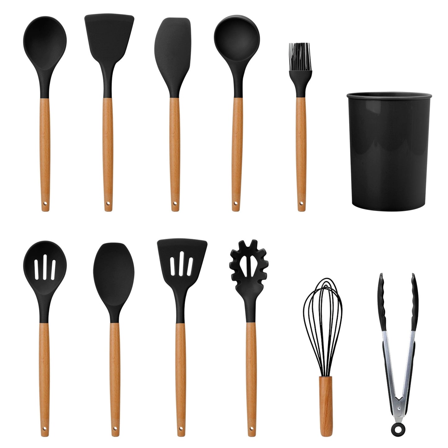 11-Piece Silicone Cooking Utensil Set with Heat-Resistant Wooden Handle - Spatula, Turner, Ladle, Spaghetti Server, Tongs, Spoon, Egg Whisk, and more! - Black -