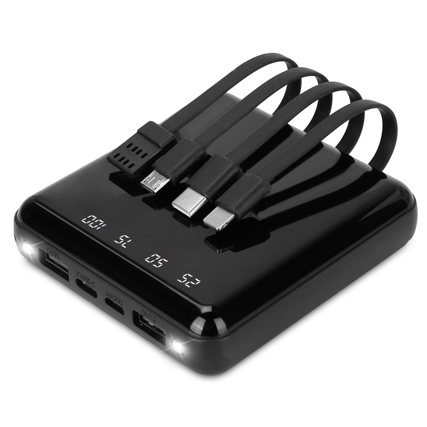 10K mAh Power Bank w/ 4 Cables & LED Flashlight - Black -