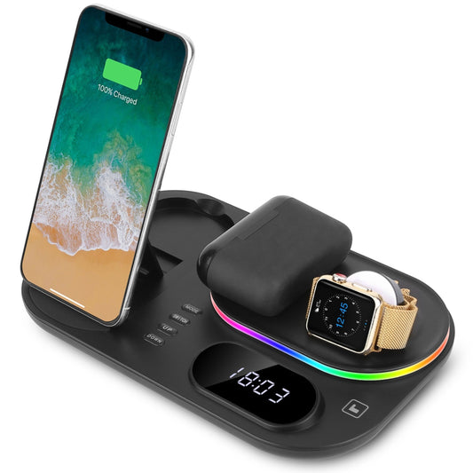 4-in-1 30W Wireless Charger Stand with Clock Nightlight for iWatch Airpod iPhone 13 12 11 Pro Samsung - Black -