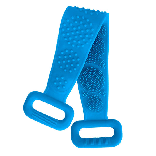 Exfoliating Silicone Body Scrubber Belt with Massage Dots - Shower Strap Brush with Adhesive Hook - Blue -