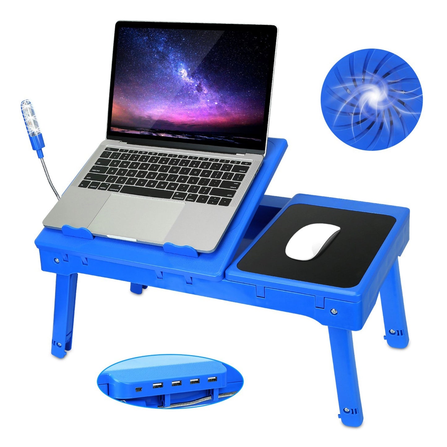 Foldable Laptop Table Bed Desk w/Cooling Fan Mouse Board LED 4 USB Ports Snacking Tray with Storage for Home Office - Blue -