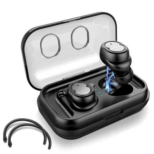 Wireless 5.0 Earbuds - IPX4, Touch Control, Stereo, Noise Cancelling, 32.8ft Range, Mic, 500mAh Charging Dock - Black -