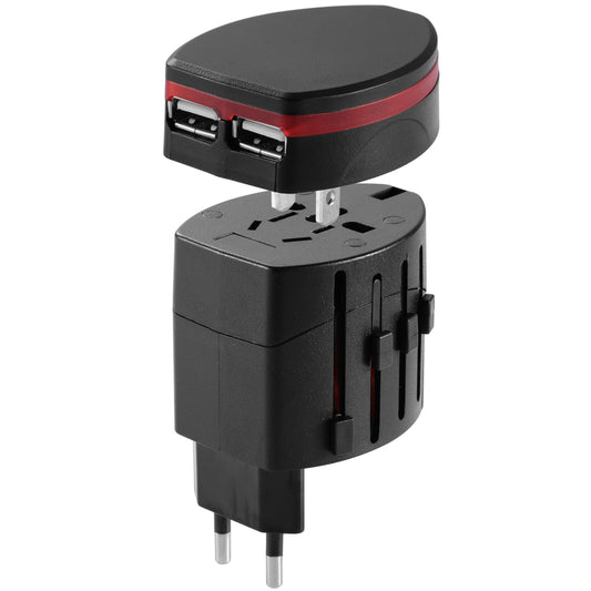 Universal Travel Power Adapter - All-in-One Wall Charger with 2 USB Ports - US UK EU AU Plug - for Phones, Tablets, Cameras - Black -