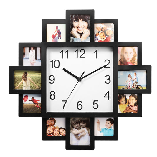 12-Picture Collage Wall Clock Home Decor - Black -