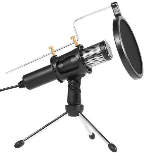 Pro Condenser Mic Studio Recording Cardioid Mic w/180° Tripods Pop Filter USB Plug - Podcasting Gaming Chatting - Black -