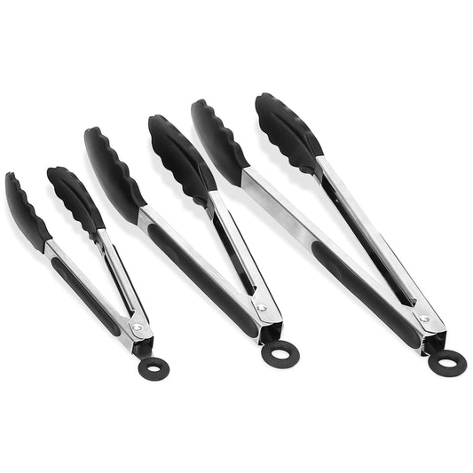 3-Piece Stainless Steel Locking Food Tongs Set with Silicon Tips - BPA Free, Non-Stick, High Heat Resistant - Black -