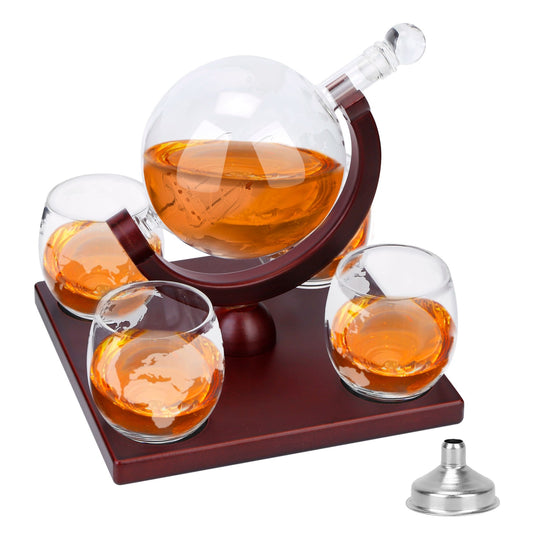 Whiskey Decanter Globe Set w/ 4 Glasses, Tray - Perfect Gift for Liquor, Scotch, Bourbon, Vodka - 8.45OZ - Black -