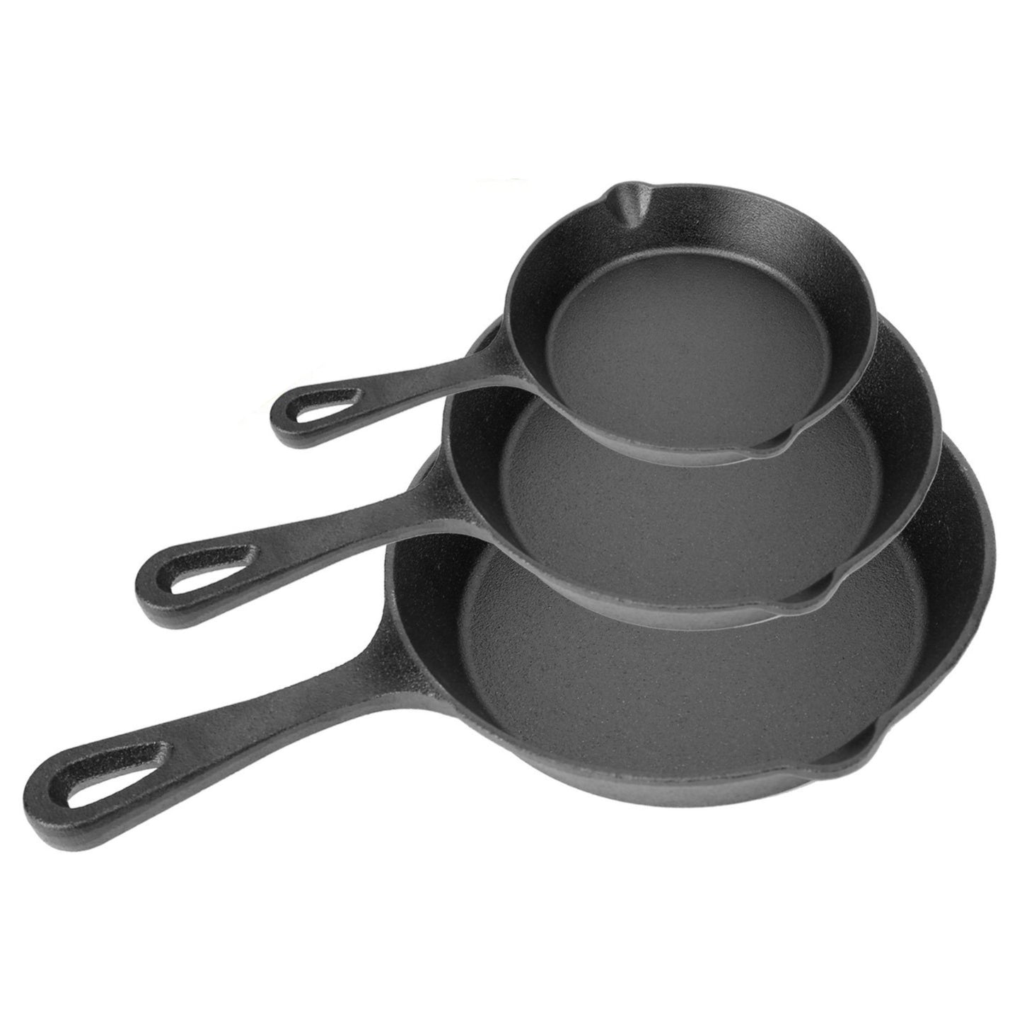 3-Piece Pre-Seasoned Cast Iron Skillet Set - Non-Stick, Oven Safe, Heat-Resistant Frying Pans - Black -