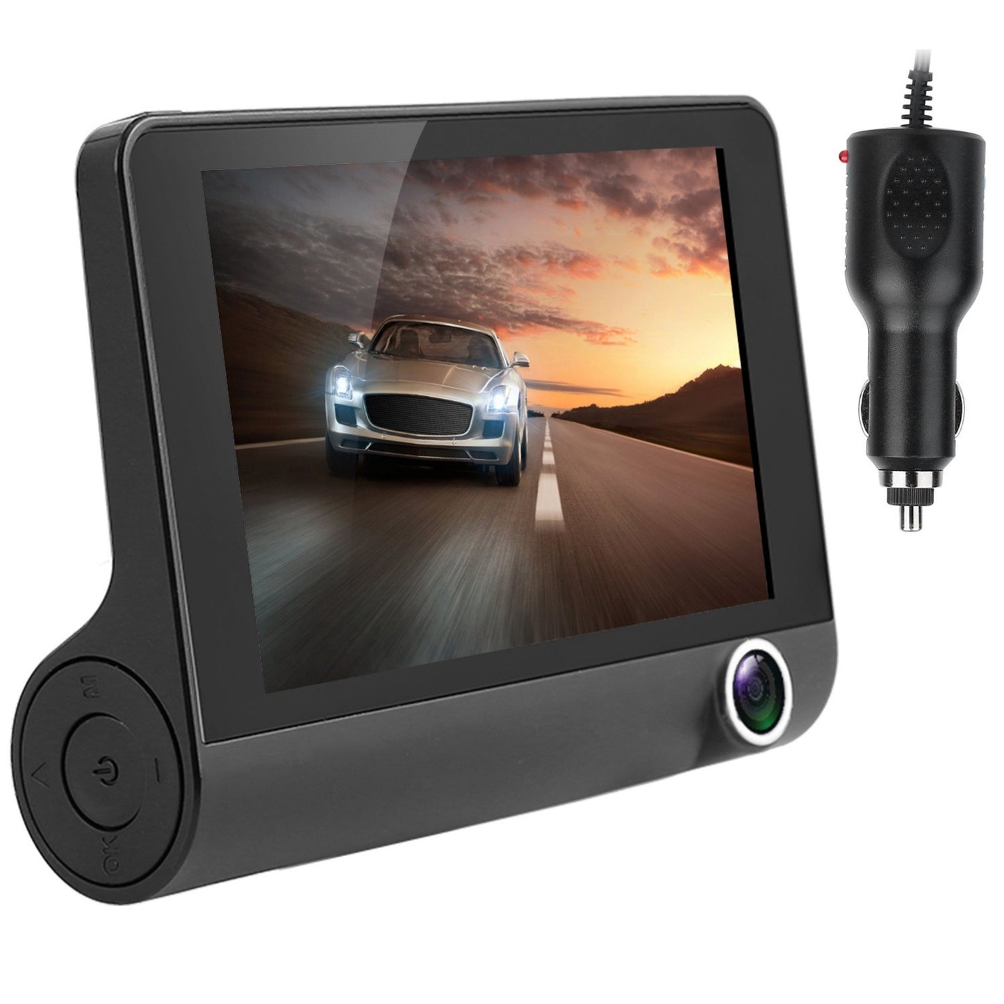 1296P Car DVR Dash Cam 4In 3 Lens Recorder, Seamless Recording - Black -