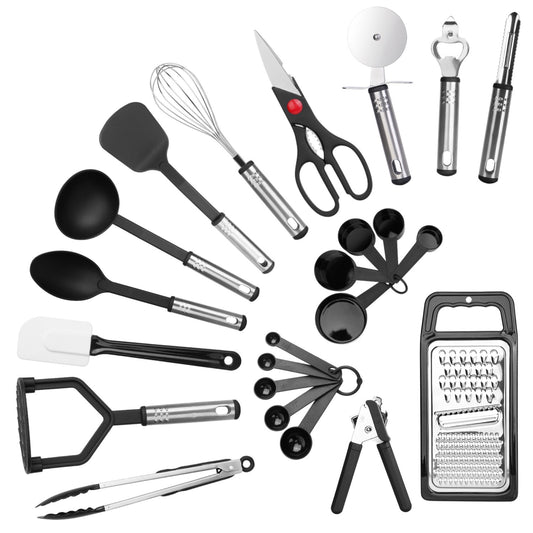 23-Piece Stainless Steel Nylon Kitchen Utensil Set: Heat Resistant Cooking Tool Kit with Grater, Scraper, Tongs, Whisk, Opener, Cutter - Black -