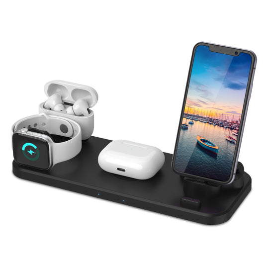 6-in-1 Qi Wireless Charger: Fast Charging Station for iWatch, Airpods, and iOS/Android Devices - Black -