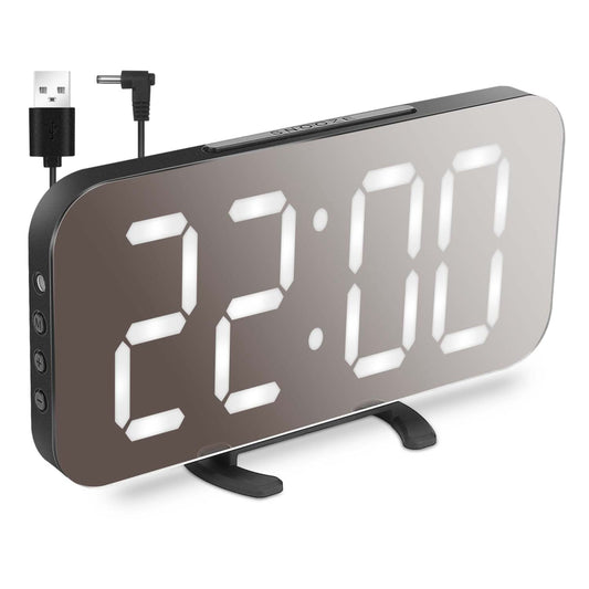 LED Mirror Alarm Clock - Dimmable Night Light, Dual USB Ports, Modern Home Decor - Black -