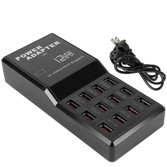 12 Port USB Charging Station Hub - Fast Charge for iPod iPhone - 60W - 3.74ft Power Cord - Black -