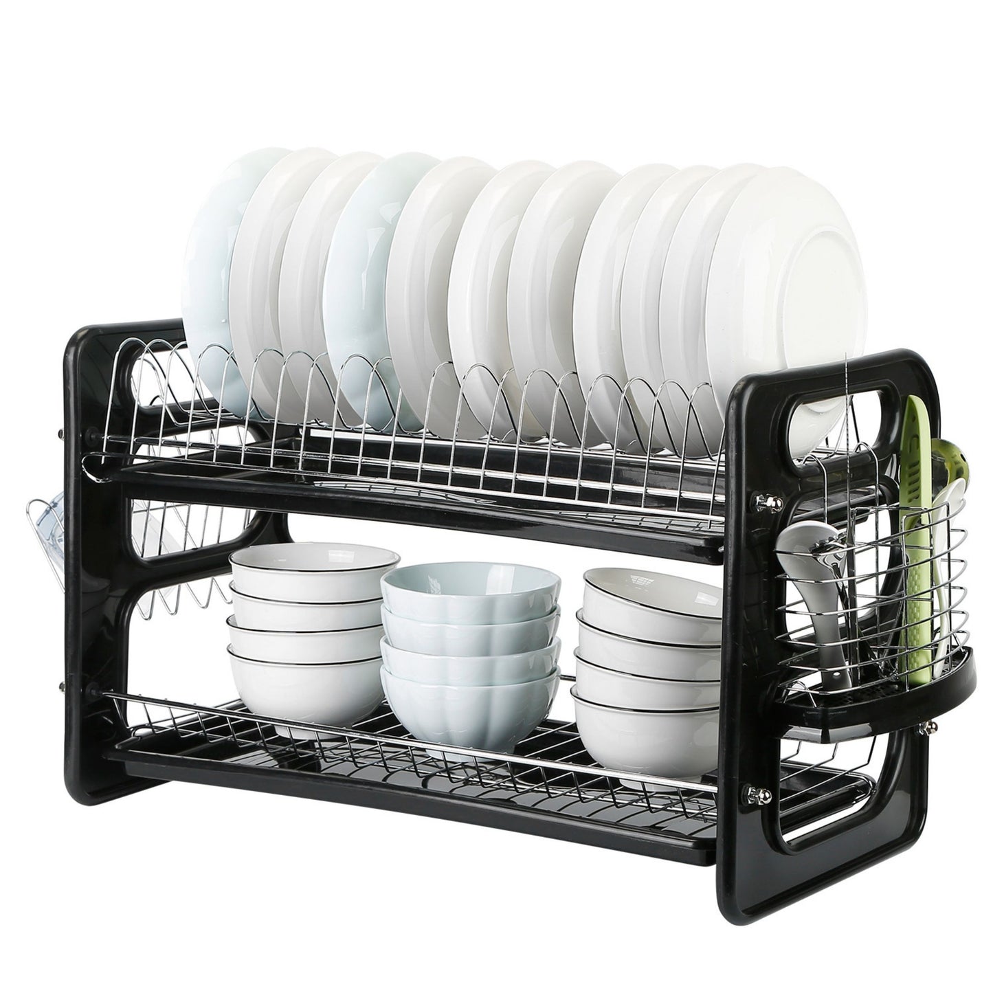 2-Tier Iron Drying Rack Set: Large Storage, Anti-Rust Drainer, Tableware & Cup Holder. Perfect for Kitchen Counter! - Black -