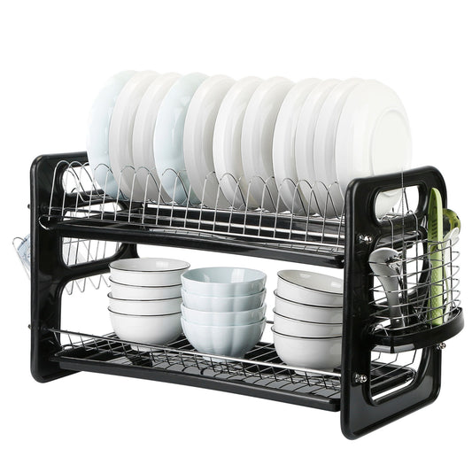 2-Tier Iron Drying Rack Set: Large Storage, Anti-Rust Drainer, Tableware & Cup Holder. Perfect for Kitchen Counter! - Black -