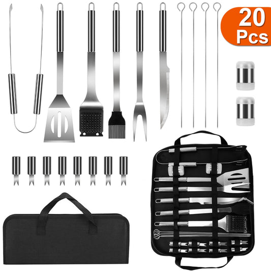 Stainless Steel BBQ Tool Kit - Grill Accessories set w/ Spatula Tongs Fork Knife Brush Salt Shaker Skewers Corn Need - Black -