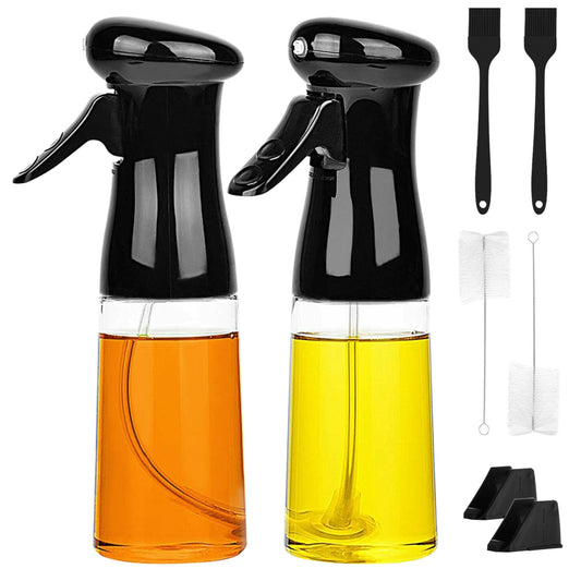 210ML 7.1OZ Olive Oil Sprayer 2Pcs - Reusable Dispenser w/ Cleaning Brush - Cooking BBQ, Roast, Salad - Refillable Glass Vinegar Bottle - Black -