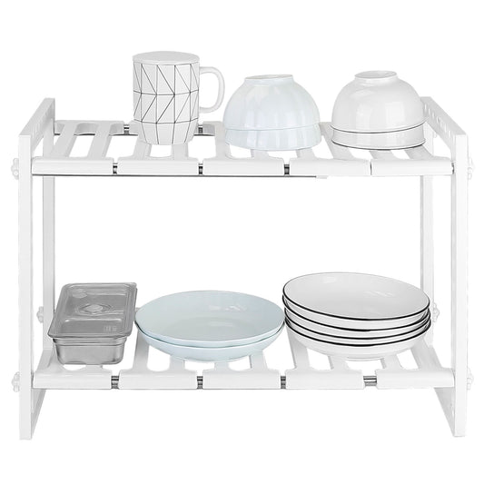 2-Tier Under Sink Rack 22LB Max Load Retractable Kitchenware Storage Shelf - White -